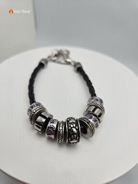Black Leather Charm Bracelet Purple Paw Print Dog Cat 8+1" Pandora Style